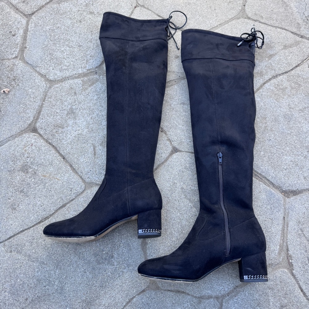 Michael Kors Jaime Black Stretch Over the Knee Boots Chain Accents Mid-Heel Sz 8